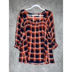 Compania Fantastica Tunic Mini Dress Womens Size M Plaid Square Neck‎ Smocked